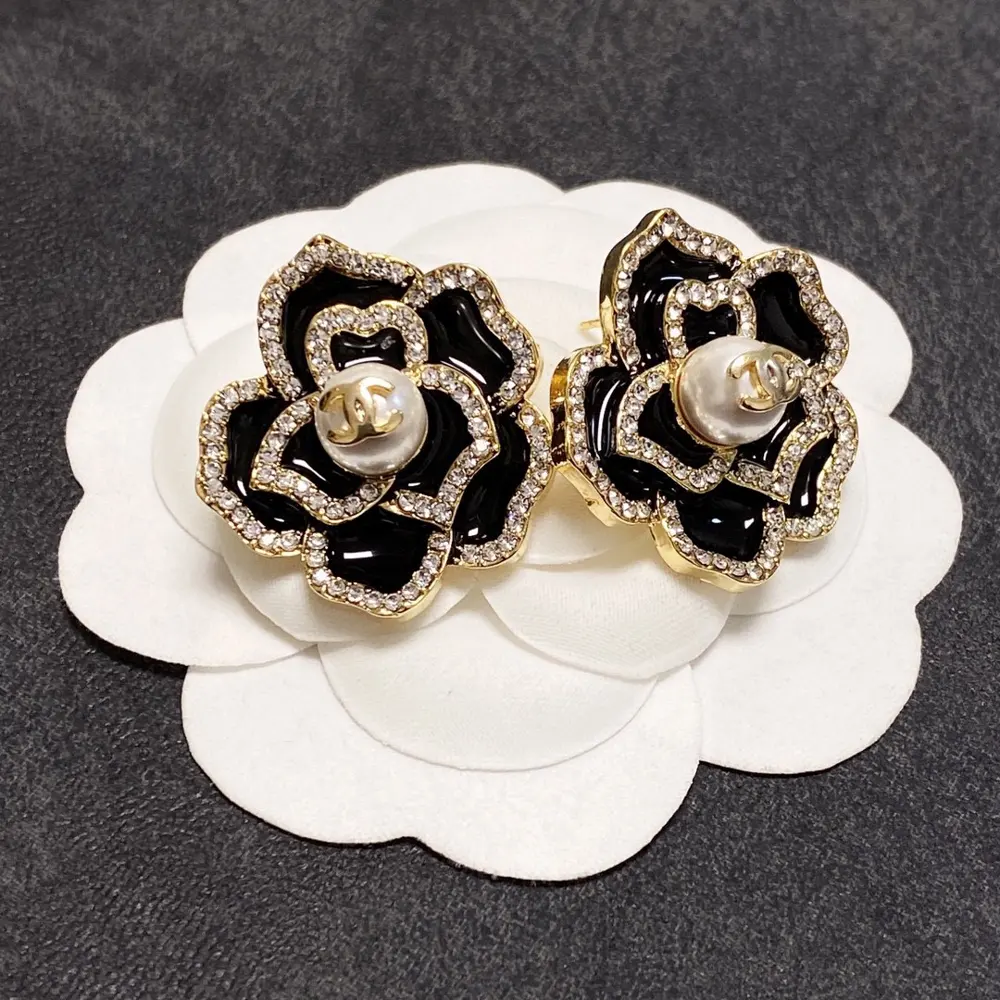 Chanel Alphabet Camellia Diamond Pearl Stud Earrings