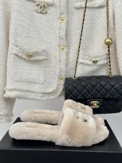 Chanel Letter Fur Slippers