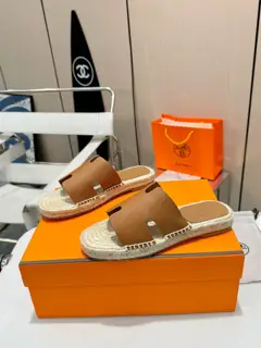 Hermès H-shaped hemp rope woven leather sole slippers