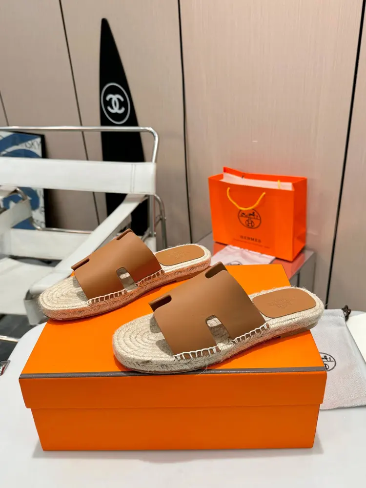 Hermès H-shaped hemp rope woven leather sole slippers