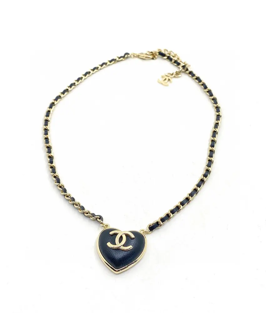 Chanel black heart leather necklace