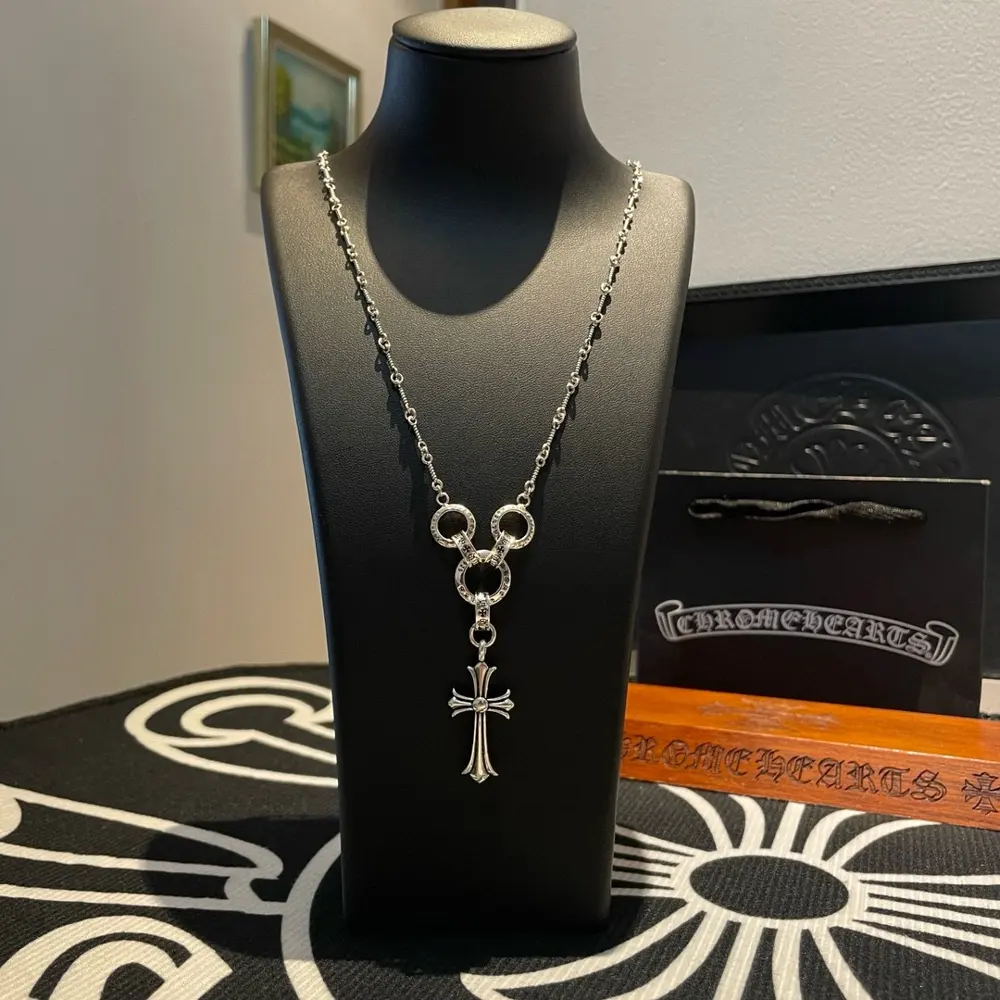 Chrome Hearts Classic Vintage Bamboo Necklace Triple Ring Cross Pendant