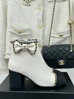Chanel Chain Bowknot Chunky Heeled Short Boots