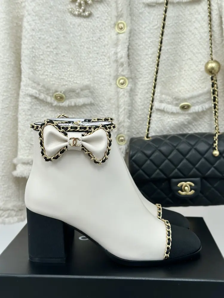Chanel Chain Bowknot Chunky Heeled Short Boots