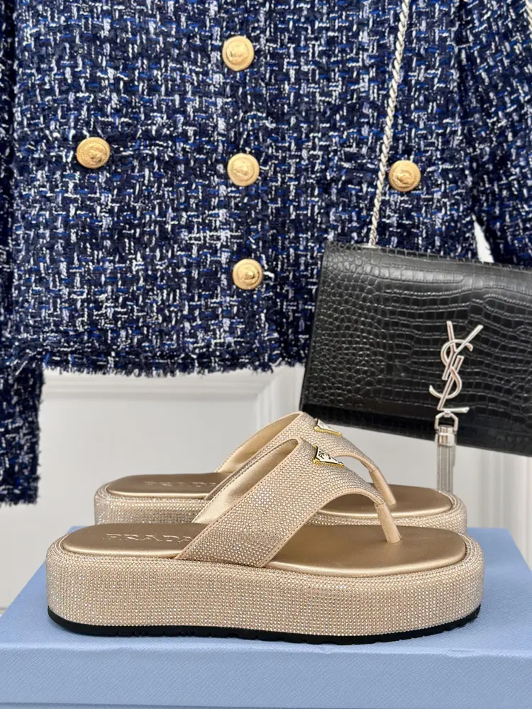 Prada classic triangle logo rhinestone slippers series
