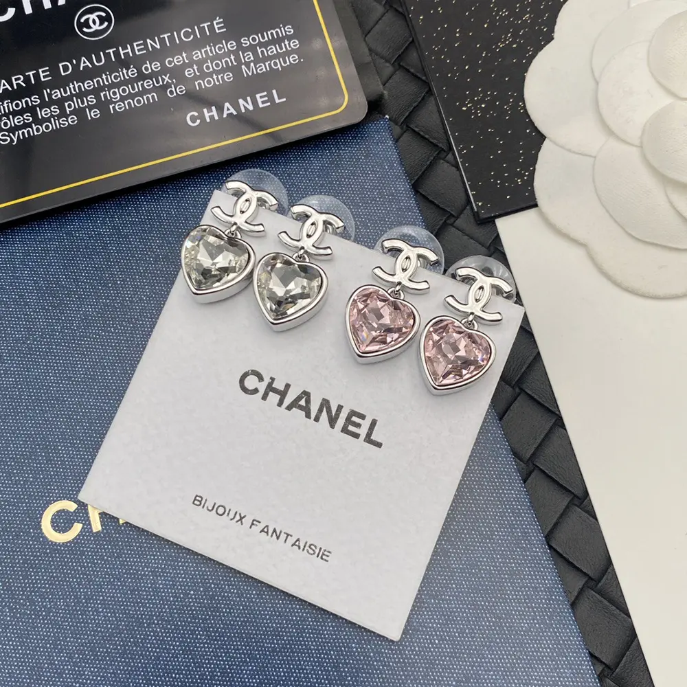 Chanel Swarovski white crystal heart diamond letter earrings