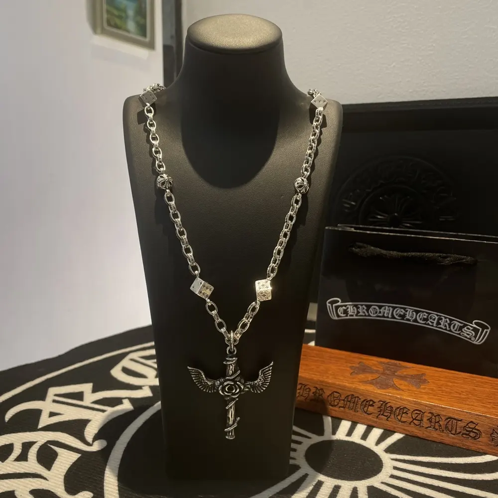 Chrome Hearts Classic Retro Multi-element Dice Necklace Personalized Rose Angel Wing Pendant