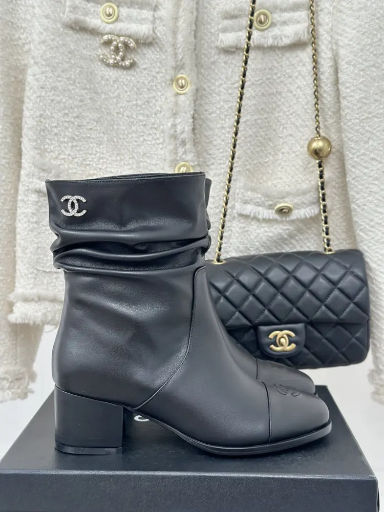 Chanel color-blocked double C stacked boots
