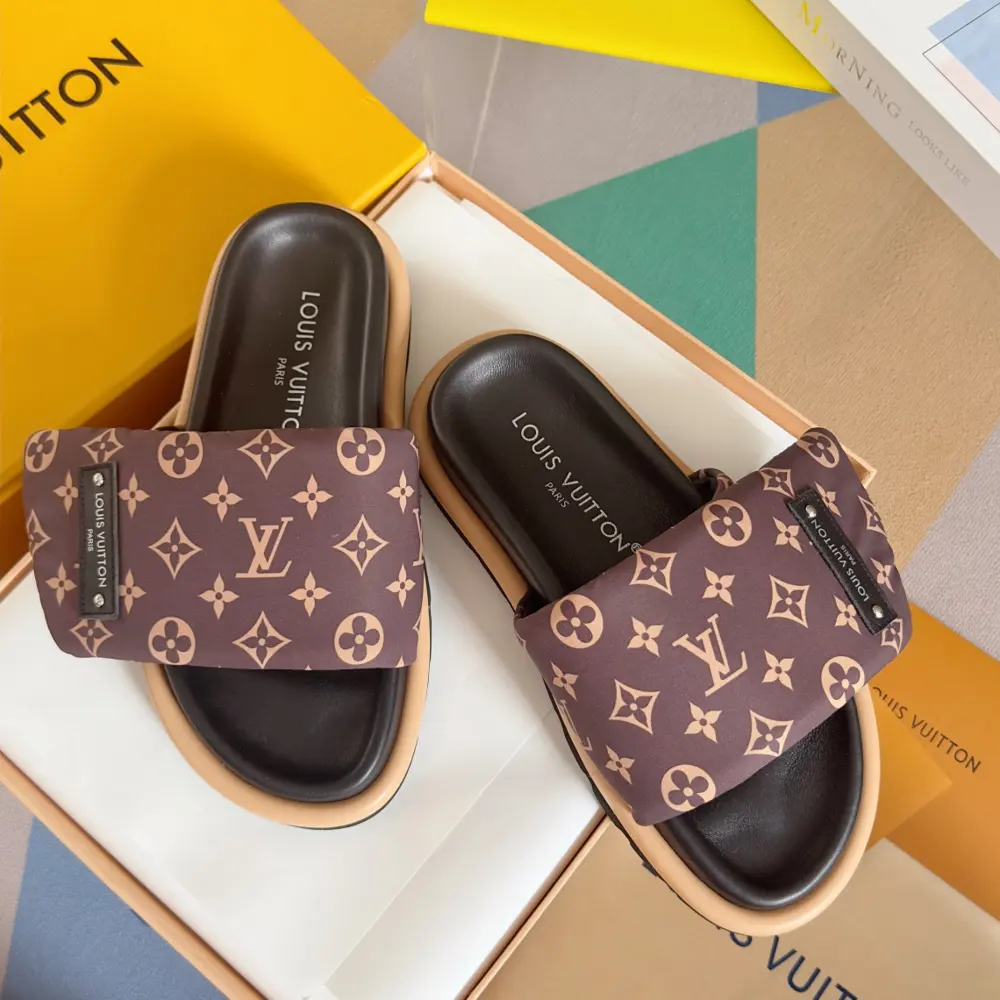 Louis Vuitton Velcro Denim Checkerboard Embossed Bread Flat Sandals