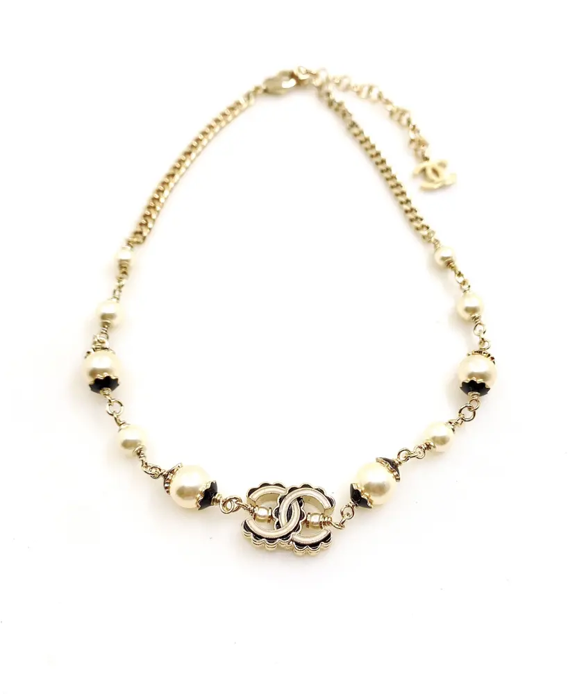 Chanel black pattern white cc necklace