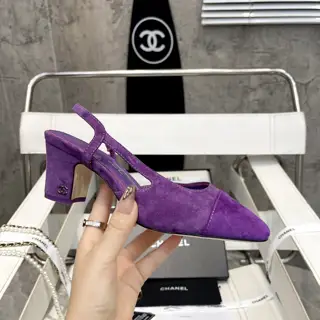 Chanel thick heel square toe color matching high heel sling back sandals for women