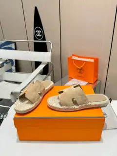 Hermès H-shaped hemp rope woven leather sole slippers