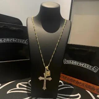 Chrome Hearts yellow gold diamond cross square necklace