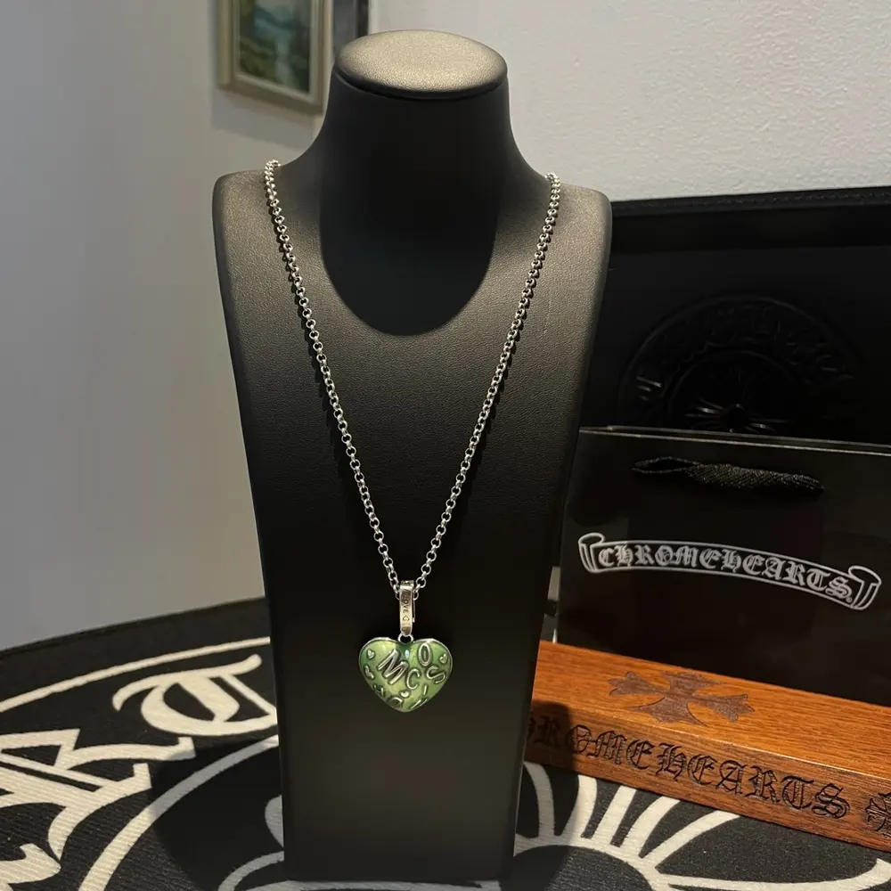 Chrome Hearts Classic Vintage Necklace Green Heart Pendant