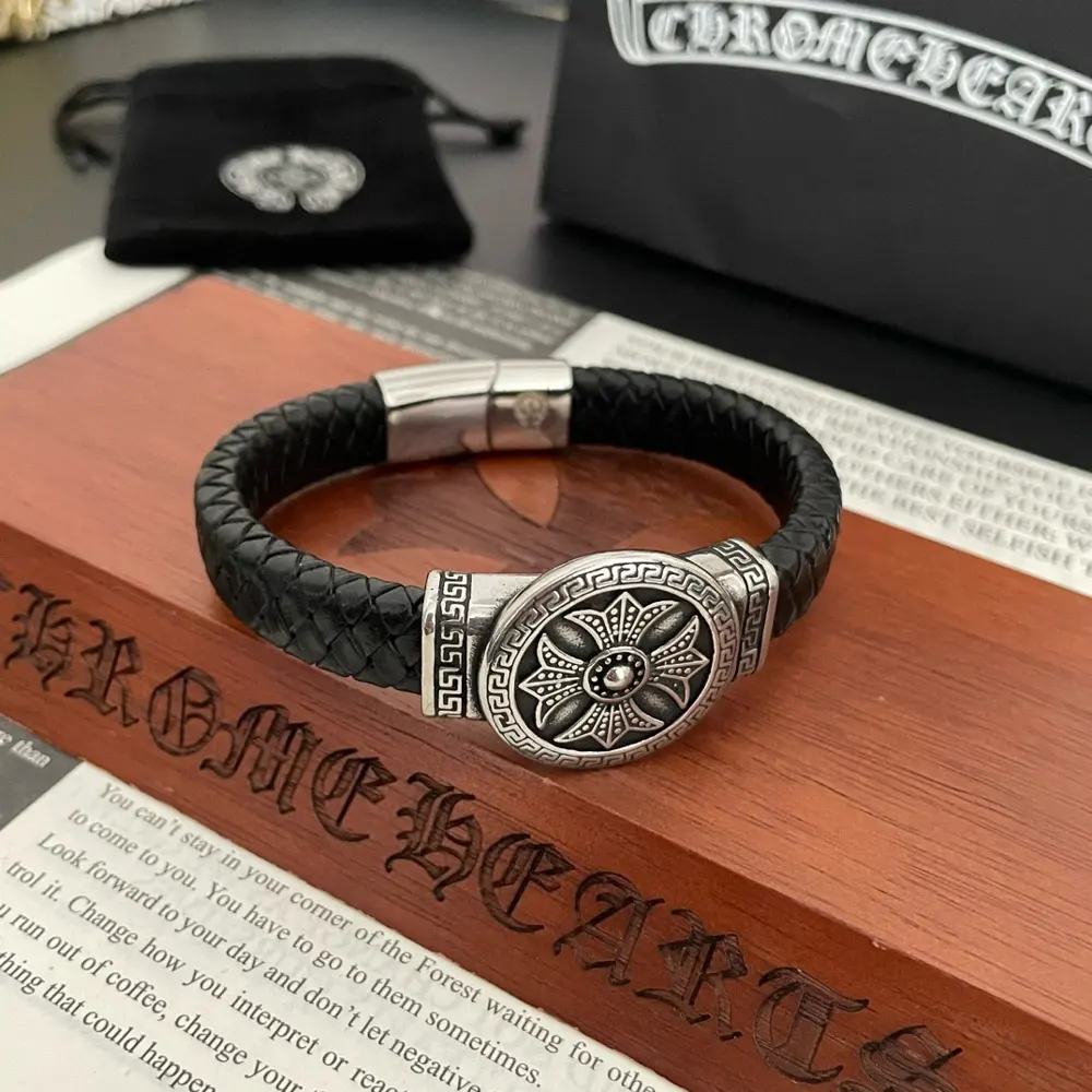 Chrome Hearts Classic Vintage Cross Leather Bracelet