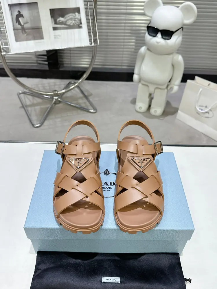 Prada new sandal series classic triangle buckle cross-woven sandals Classic upgrade Comfort