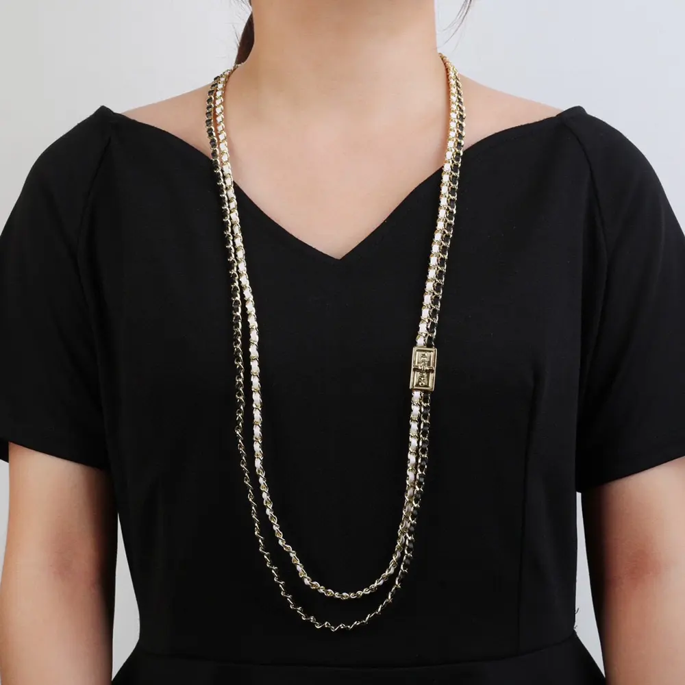 Chanel black and white lambskin necklace sweater chain