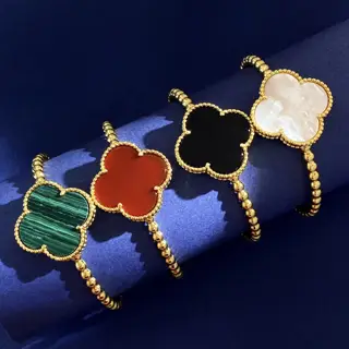 Van Cleef & Arpels Shell Agate Lucky Clover Metallic Round Beaded Large Single Flower