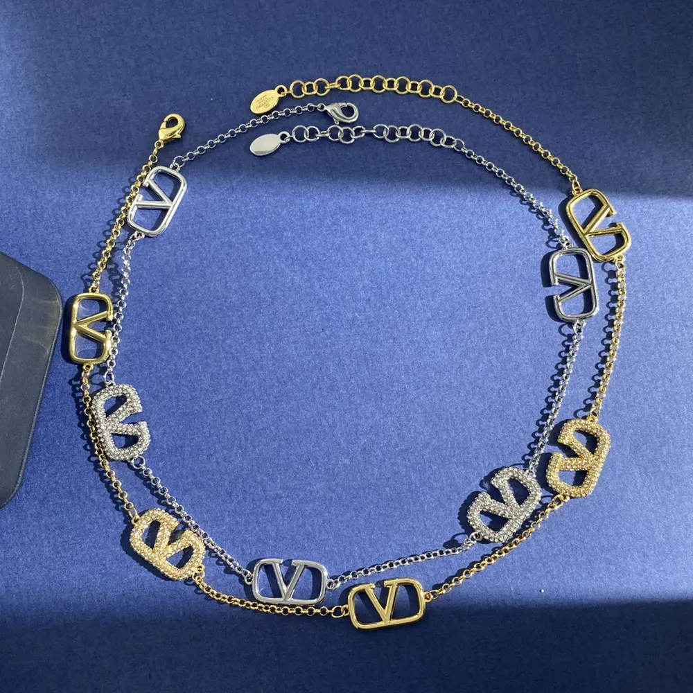 Valentino V letter diamond-studded glossy necklace