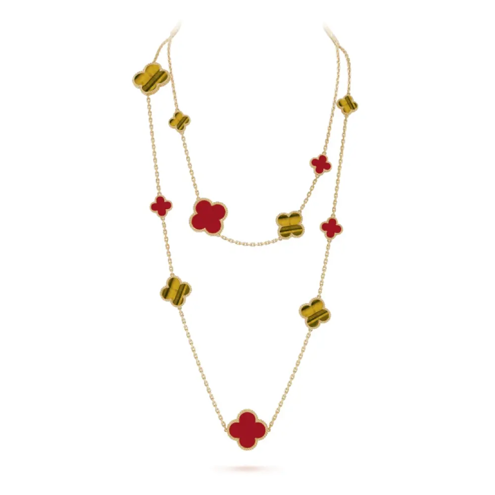 Van Cleef & Arpels High-grade Tiger Eye + Red Agate 16-flower Four-leaf Clover Necklace