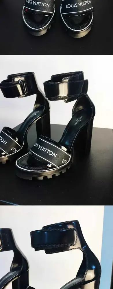 Louis Vuitton new black lettered thick heel high heel sandals for women 35-42