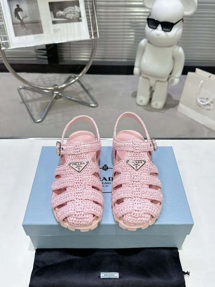 Prada Pig Cage Shoes Sawtooth Roman Braided Thick-soled Rubber Sandals Retro