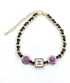 Chanel Purple Crystal Black Leather Necklace