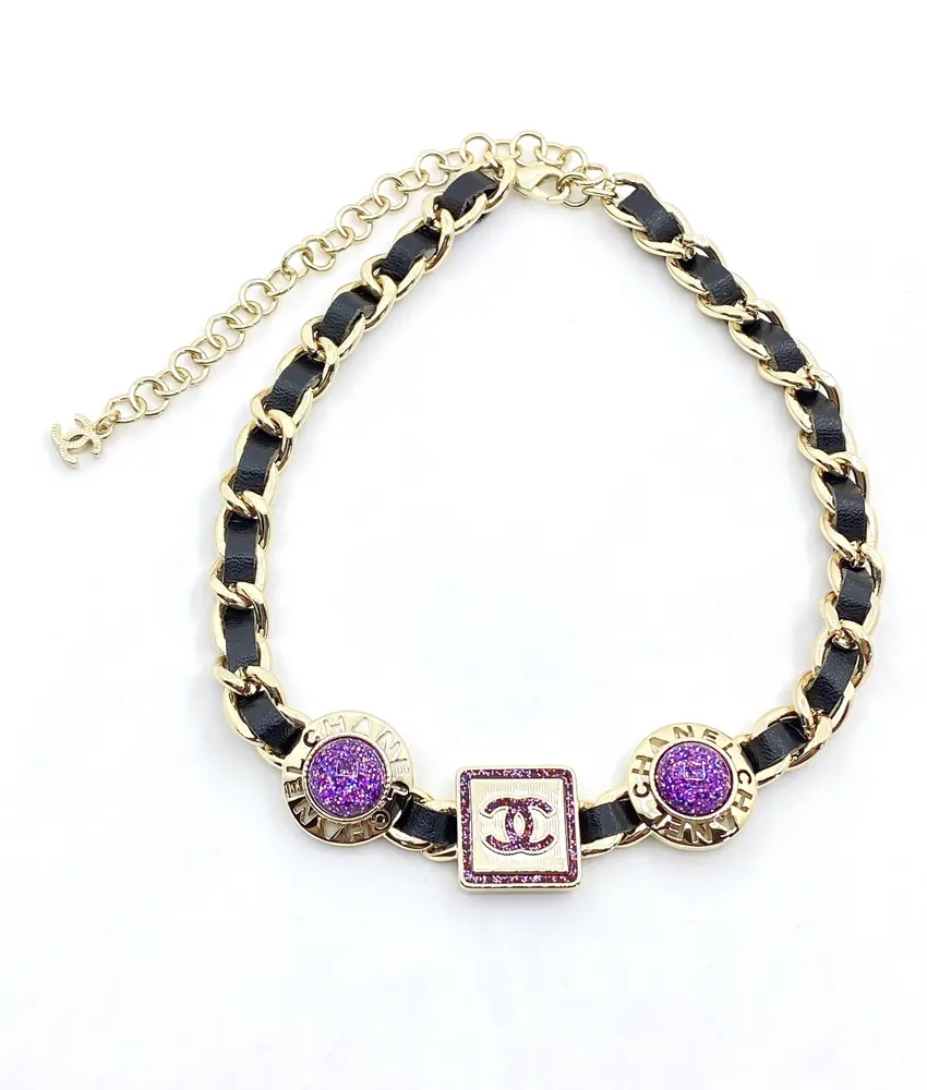 Chanel Purple Crystal Black Leather Necklace