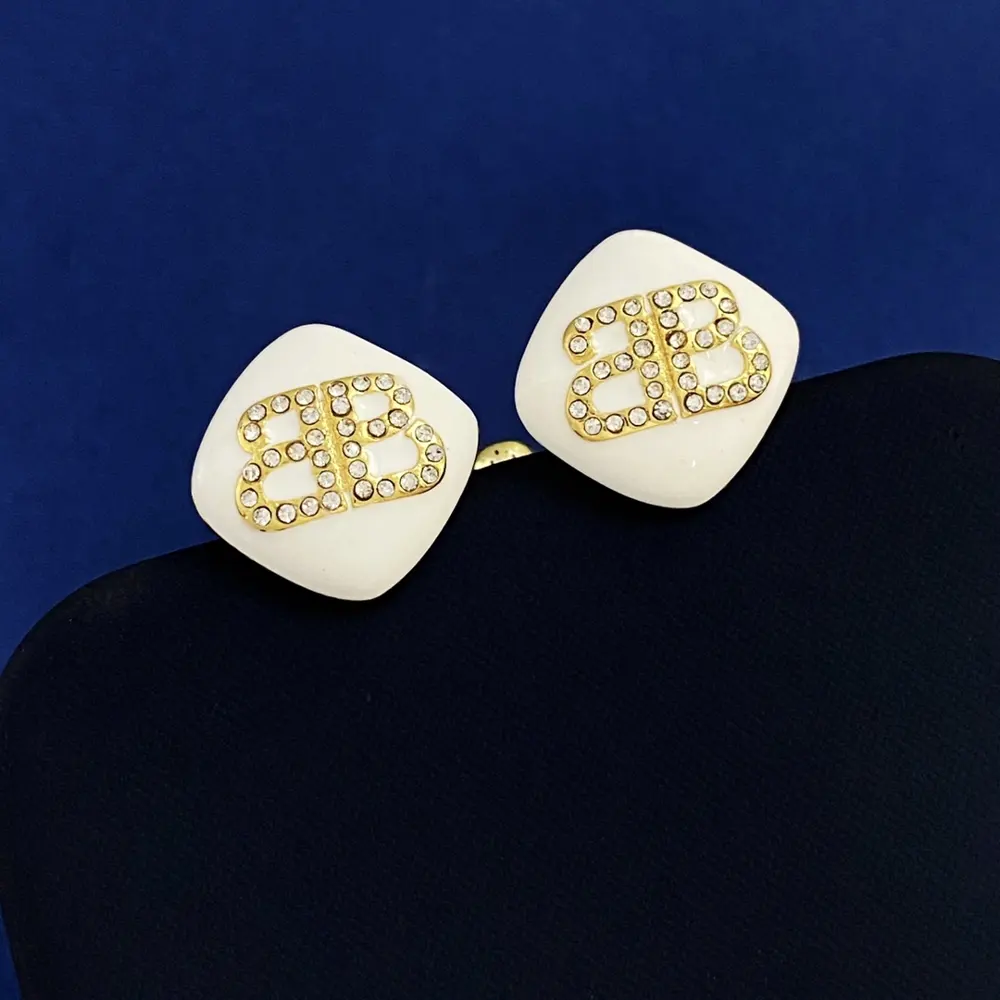 Balenciaga geometric square white oil-dripped diamond double B letter diamond earrings