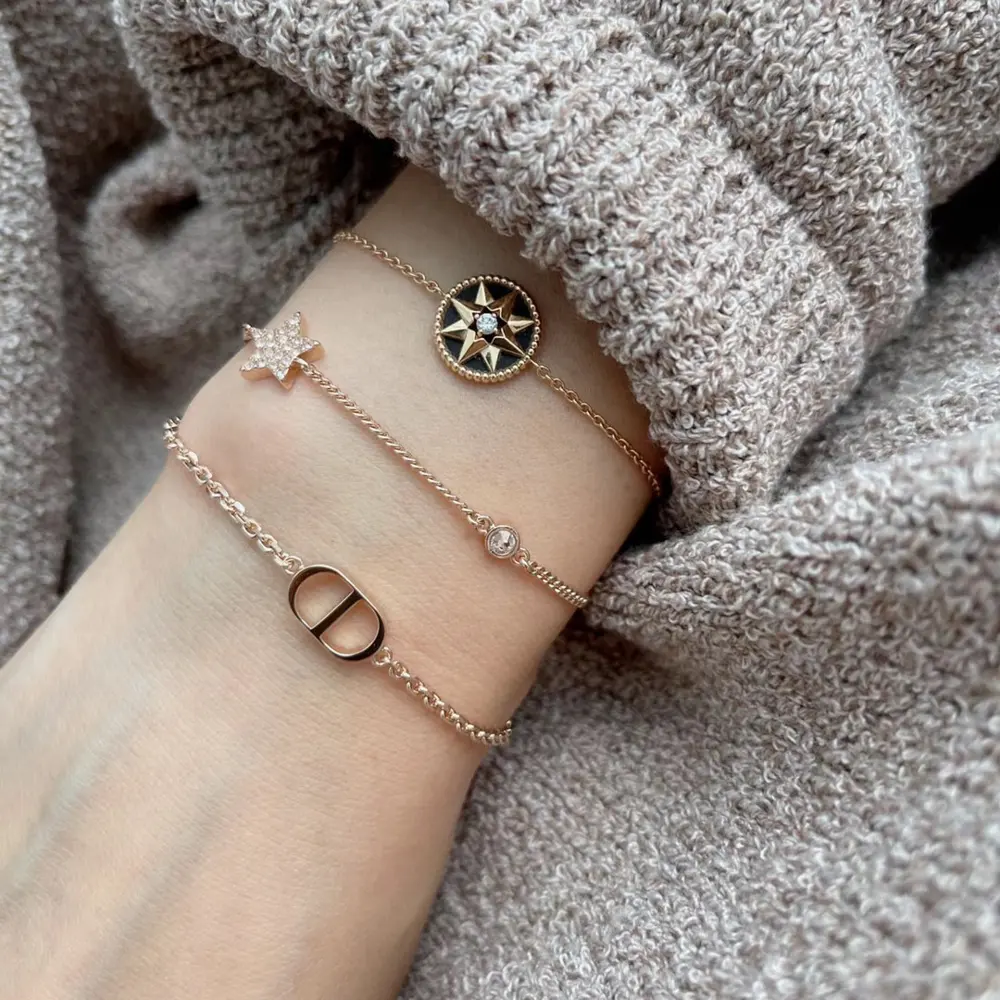New Dior rose gold double-layer bracelet with letter logo CD five-pointed star ⭐ diamond