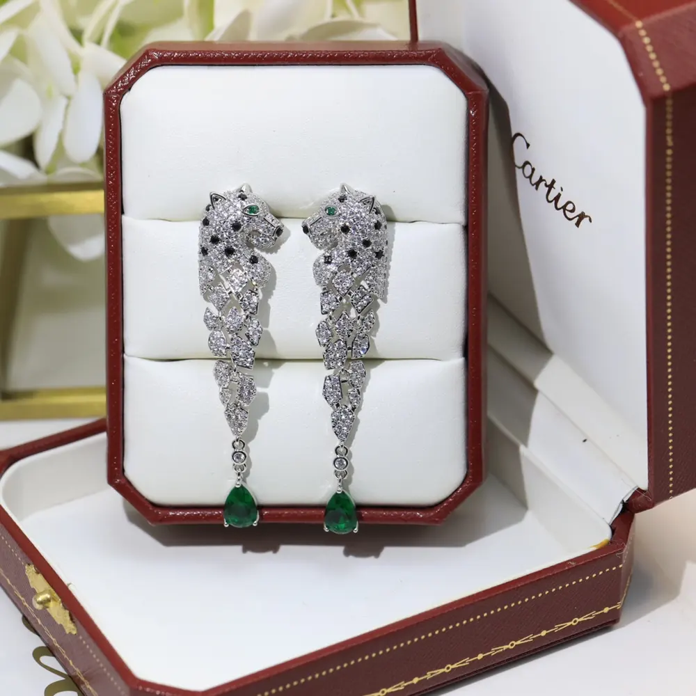 Cartier diamond spotted leopard hoop tassel emerald stud earrings shipped Celebrity style