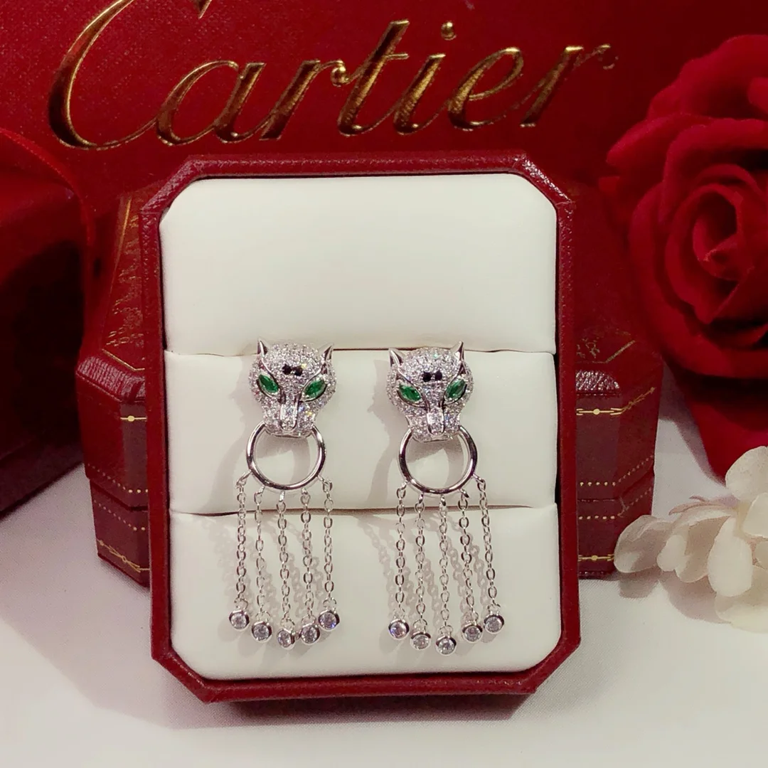 Cartier full diamond leopard head tassel emerald earrings shipped Celebrity style