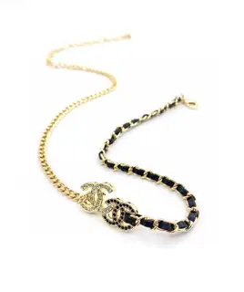 Chanel black and white diamond and black leather chain necklace