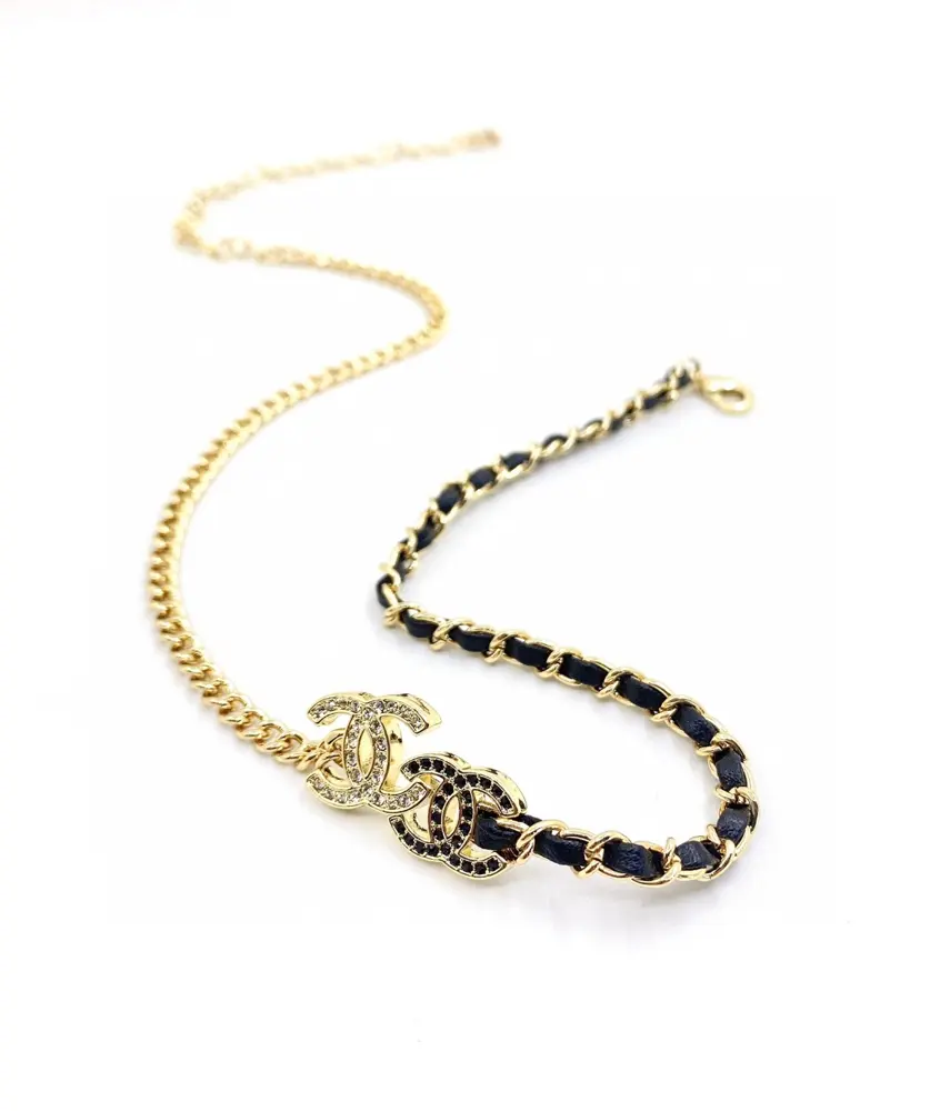 Chanel black and white diamond and black leather chain necklace