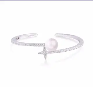 Apm monaco sterling silver diamond festival open bracelet with pearls