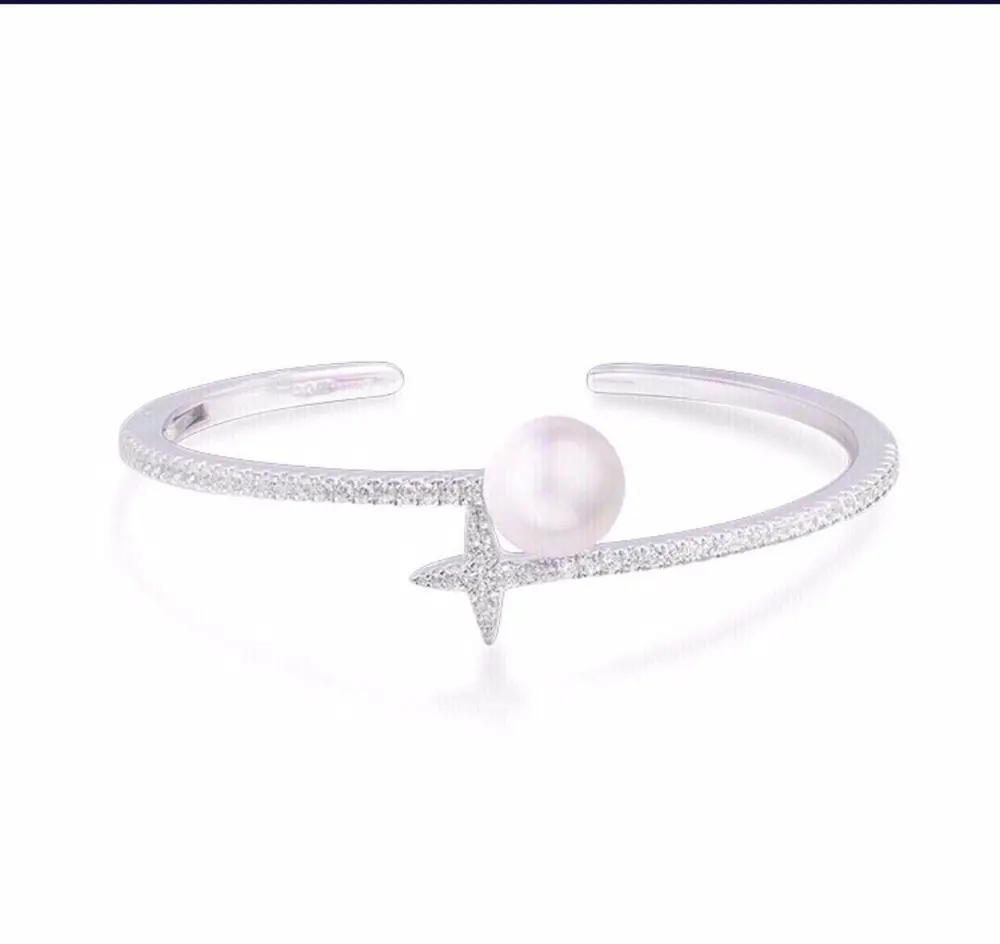 Apm monaco sterling silver diamond festival open bracelet with pearls