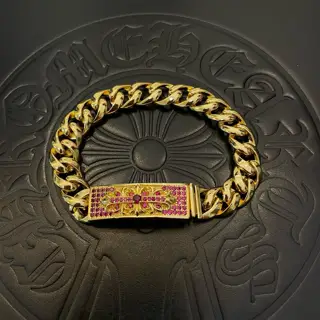 Chrome Hearts Gold Classic Vintage Cross Pink Diamond Bracelet