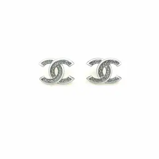 Chanel white gold full diamond white edge cc earrings
