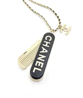 Chanel comb + mirror yellow black leather necklace