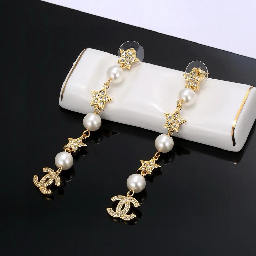Chanel full diamond five-pointed star long pearl earrings