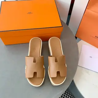 ¥Hermes 2023 Spring and Summer New H-shaped Cowhide Sawdust Thick-soled Platform Slippers