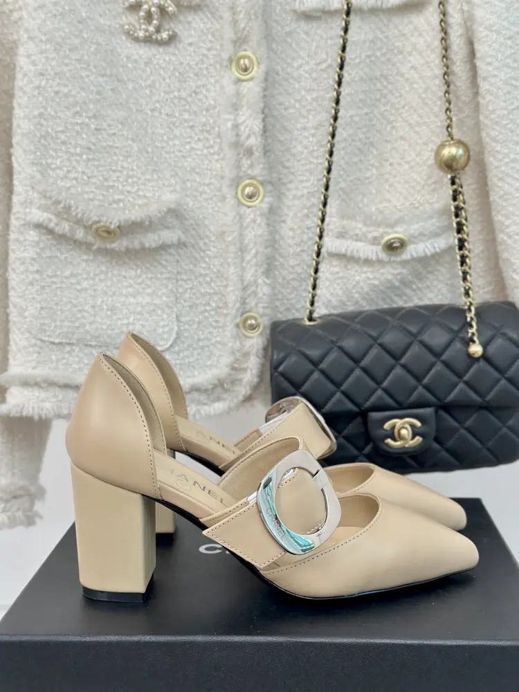 Chanel pointed toe thick heel sandals