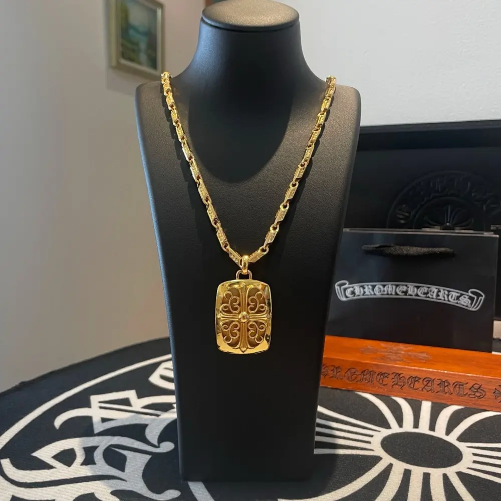 Chrome Hearts classic gold diamond cross necklace with cross flower pendant