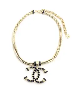 Chanel black leather large c necklace