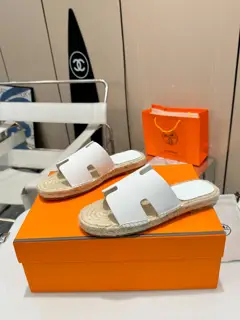 Hermès H-shaped hemp rope woven leather sole slippers