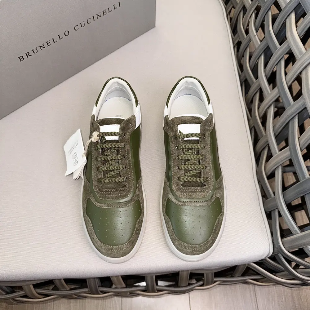 Brunello Cucinelli color-blocked sports flats for men. This pair of flat sports shoes
