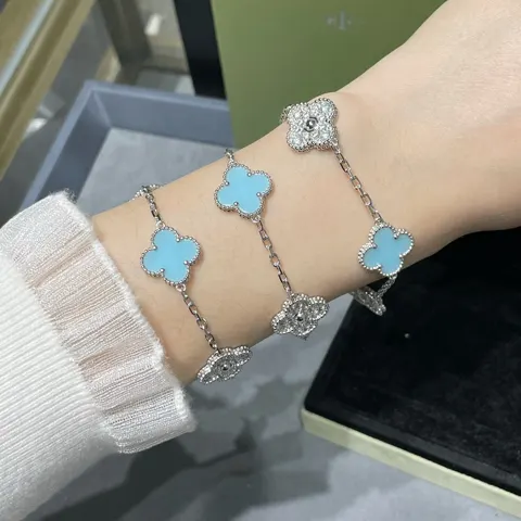 Van Cleef & Arpels Blue Ceramic Five-Flower Interval Diamond Four-Leaf Clover Bracelet
