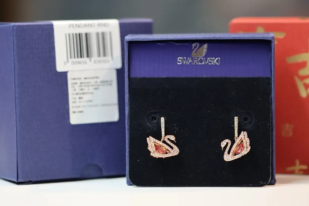Swarovski Rose Gold Hollow Pink Diamond Dancing Swan Earrings