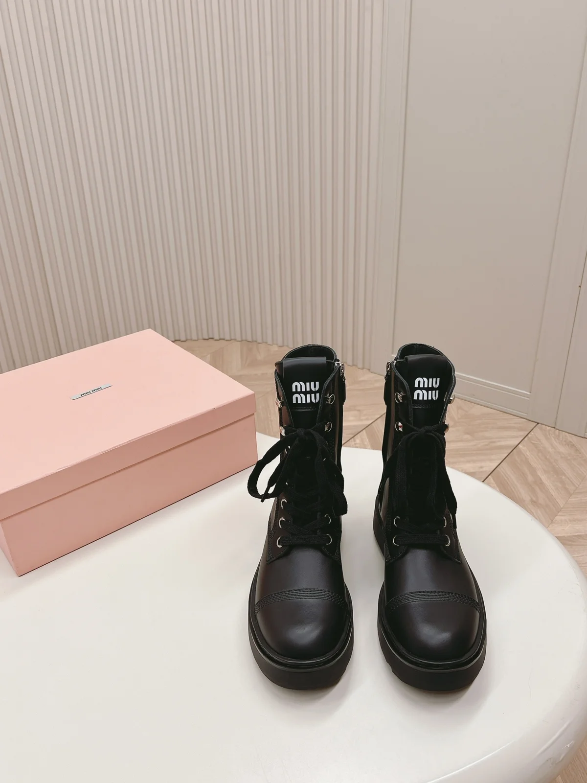 MiuMiu Retro Motorcycle Boots Lace-Up Martin Boots