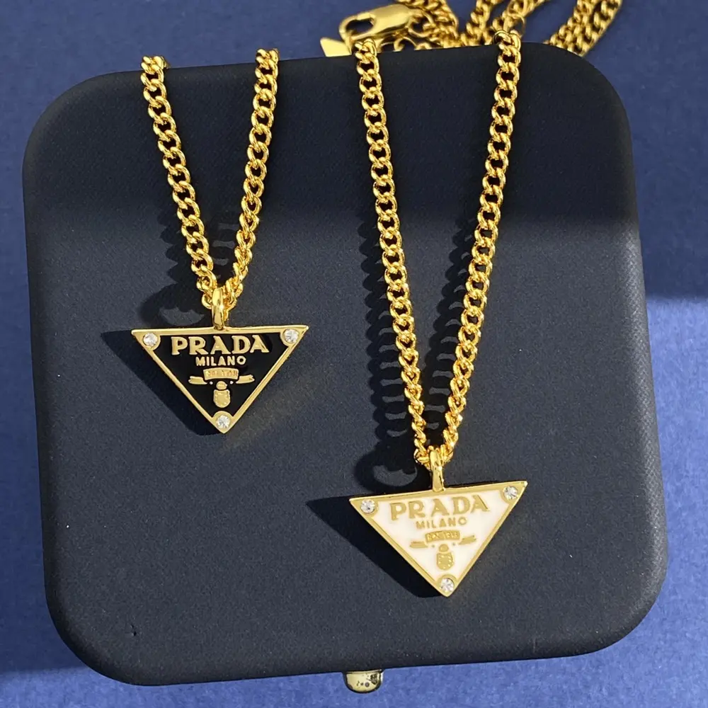 Prada fashionable and versatile white and black glossy letter inverted triangle pendant